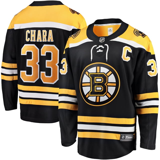 Zdeno Chara Boston Bruins NHL Fanatics Breakaway Home Jersey in X-Large size, featuring authentic team graphics, black and gold colour scheme, and tackle-twill sewn-on player name and number. Includes NHL Shield patch on the front collar and Fanatics branding on the bottom left hem. Made of 100% polyester with a tailored fit and breathable fabric for comfort. Ideal sports fan apparel for hockey enthusiasts.