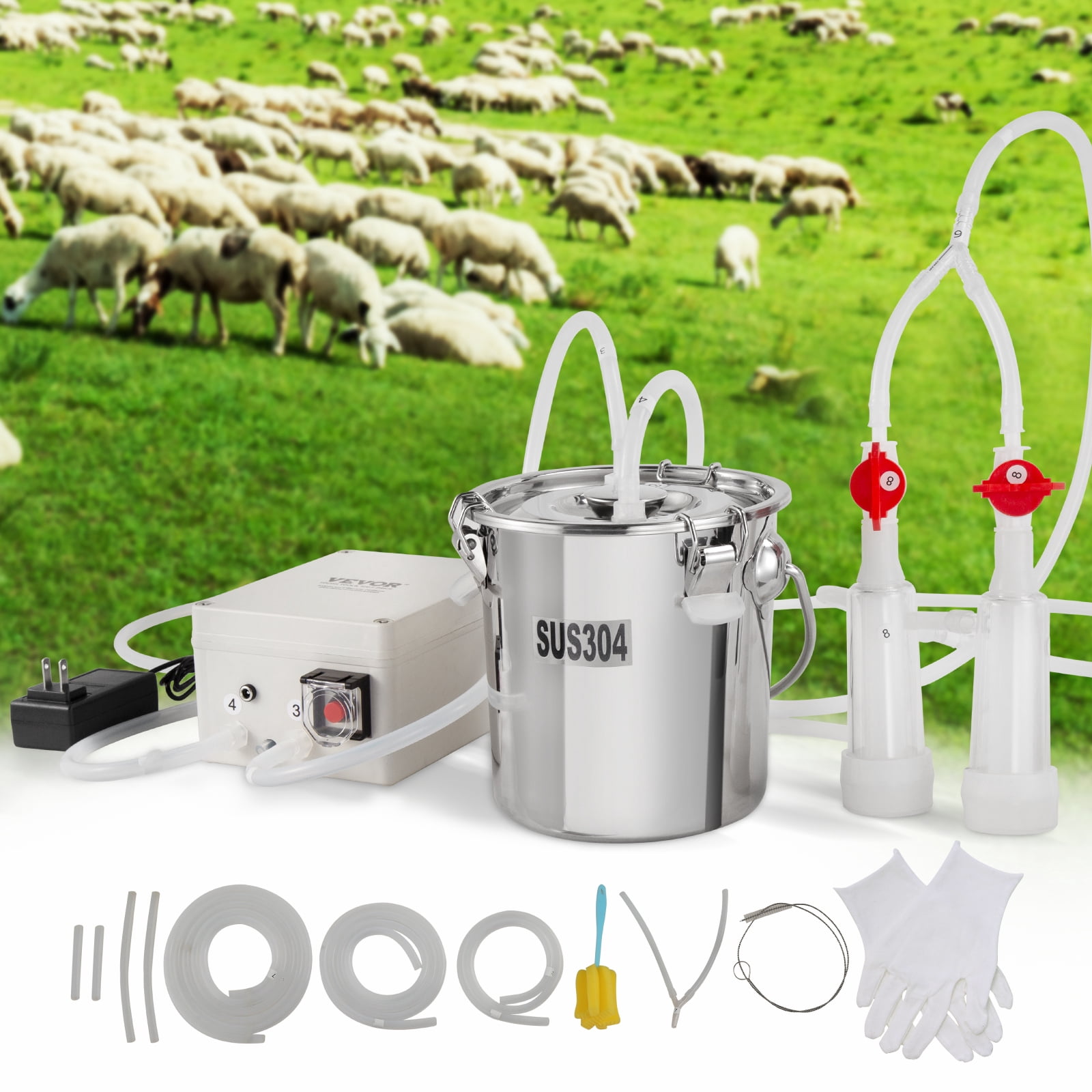 VEVOR Goat Milking Machine, 3 L 304 Stainless Steel Bucket, Electric Automatic Pulsation Vacuum Milker, Portable Milker