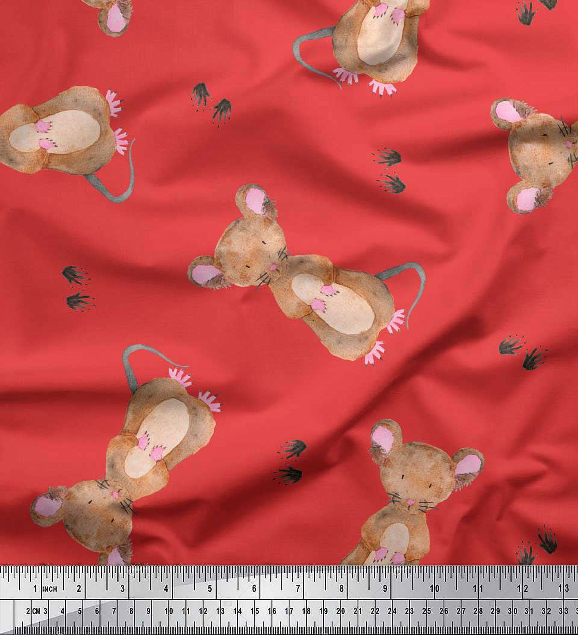 Soimoi Orange Heavy Satin Fabric Footprints & Mouse Kids Decor Fabric Printed Yard 56 Inch Wide