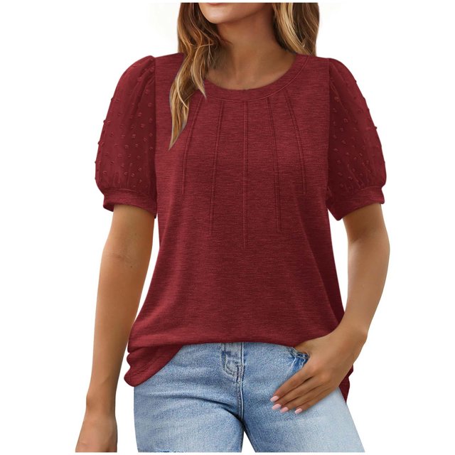 Timegard Hauts pour Femmes Col Rond Manches Courtes en Maille Bouffante Confortable Été Décontracté Ample Chemise Haut Blouse