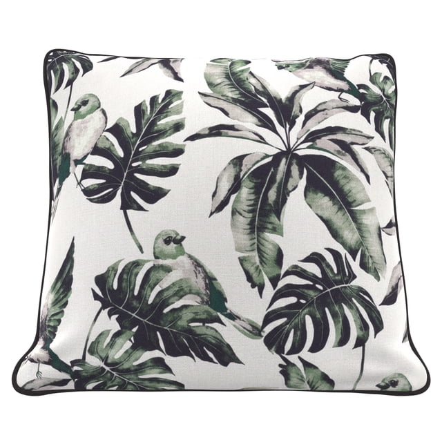 HOMETRENDS 16" x 16" Tropical Birds Outdoor Toss Cushion with white background featuring green tropical leaves and birds, black piping trim, made from fade- and water-resistant recycled polyester, reversible for versatile outdoor patio or porch decor.
