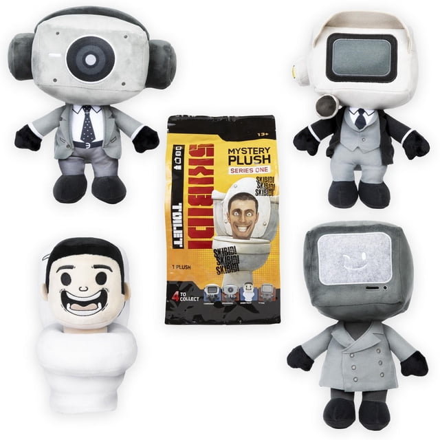 Skibidi Toilet Peluche Mystère de 11 Pouces Comprenant Quatre Jouets en Peluche de Collection de la Série YouTube Virale, Incluant des Personnages Humanoïdes avec la Télé, l'Appareil Photo et des Têtes de Haut-Parleurs Vêtus de Costumes, Organisée Autour de l'Emballage Surprise Mystère Jaune et Noir.