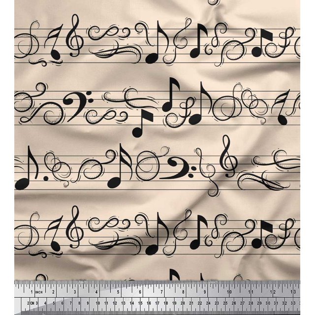 Soimoi White Cotton Cambric Fabric Notes Musical Instrument Print Fabric by Yard 56 Inch Wide
