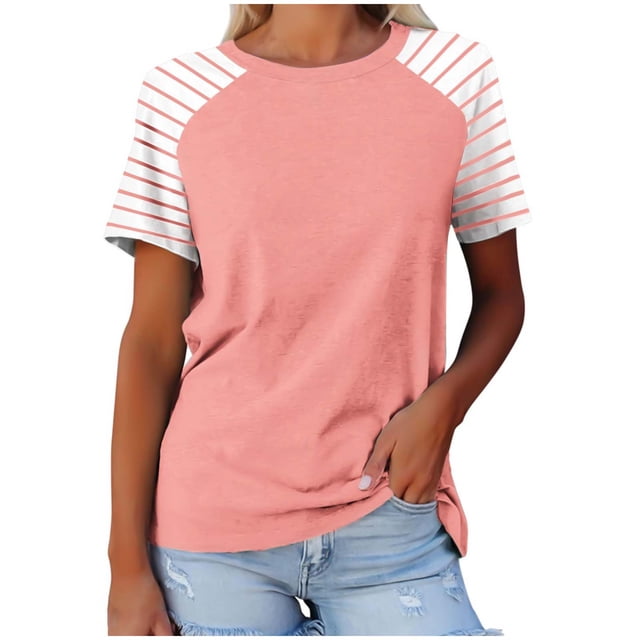 Timegard Hauts pour Femmes à Rayures Manches Courtes Col Rond Confortable Décontracté Ample Haut Blouse T-Shirts Basiques