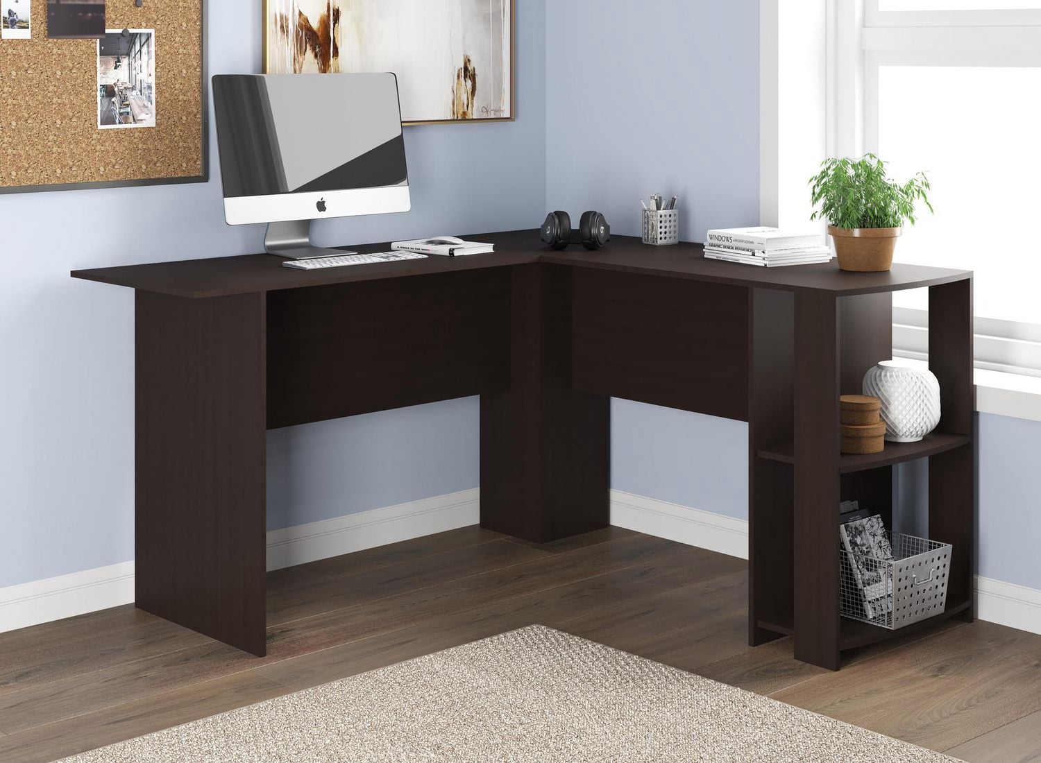Safdie & Co. Computer Desk 55L Cappuccino L-Shaped 2 Shelves