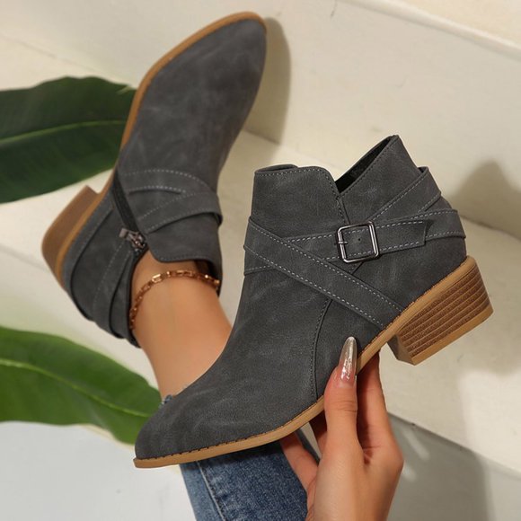 Fankiway Pointed Toe Mid Calf Boots for Women Thick Heel Side Zipper Fall Winter Fashion Boots Comfortable Dress Boots for Women Gray