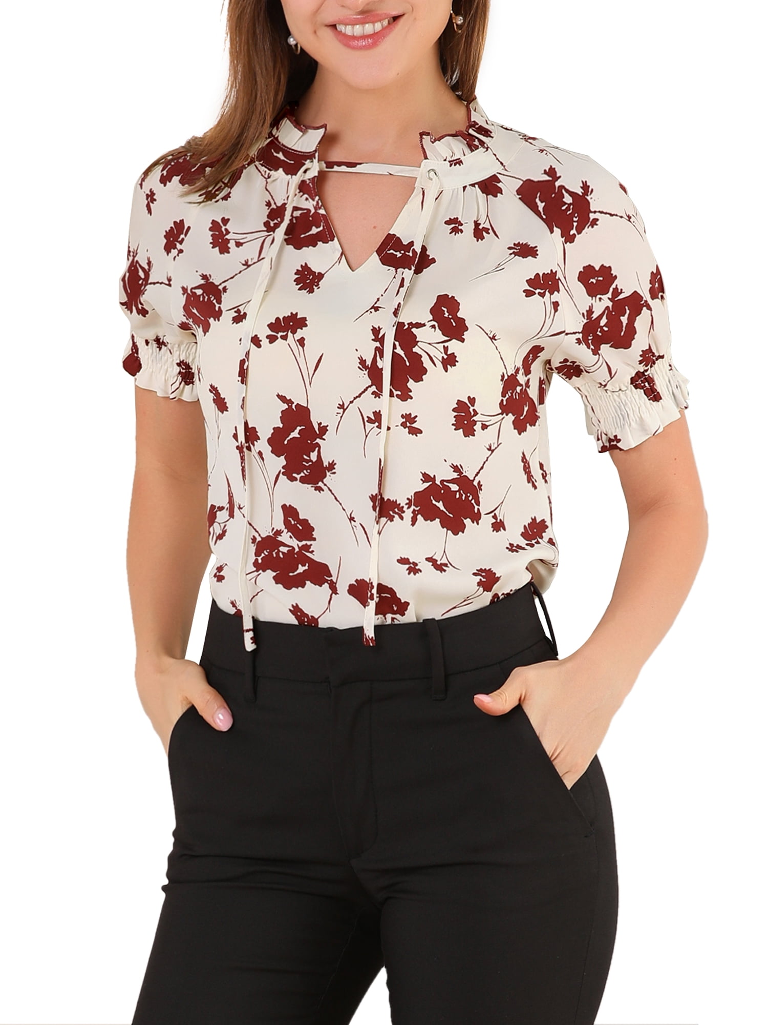 INSPIRE CHIC Women's Ruffle Tie Neck Casual Short Sleeve Floral Tops Blouse