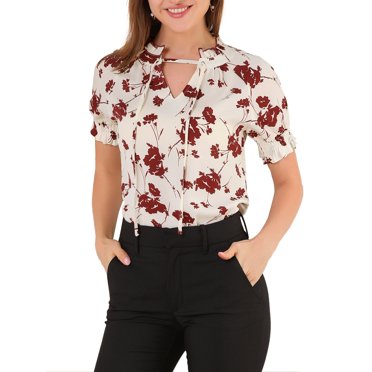 INSPIRE CHIC Women's Ruffle Tie Neck Casual Short Sleeve Floral Tops Blouse