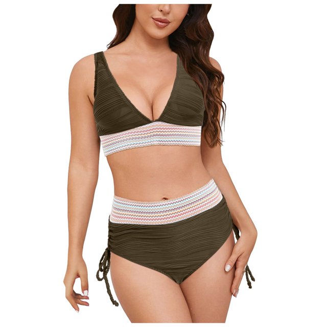Huesdet Womens High Waisted Bikini Sets Criss Cross Two Piece Swimsuits Color Block Full Coverage Bathing Suits(Green,L)