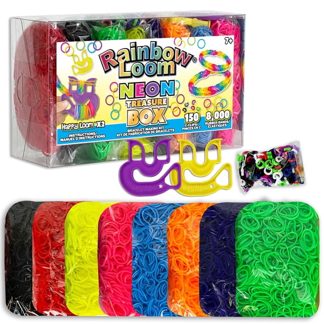 Rainbow Loom Treasure Box Neon bracelet making kit with a clear box holding neon latex-free rubber bands in red, yellow, pink, blue, orange, purple, and green, two Happy Loom tools in purple and yellow, and 150 C-clips, perfect for kids 7+ to create colorful bracelets and charms with easy instructions.