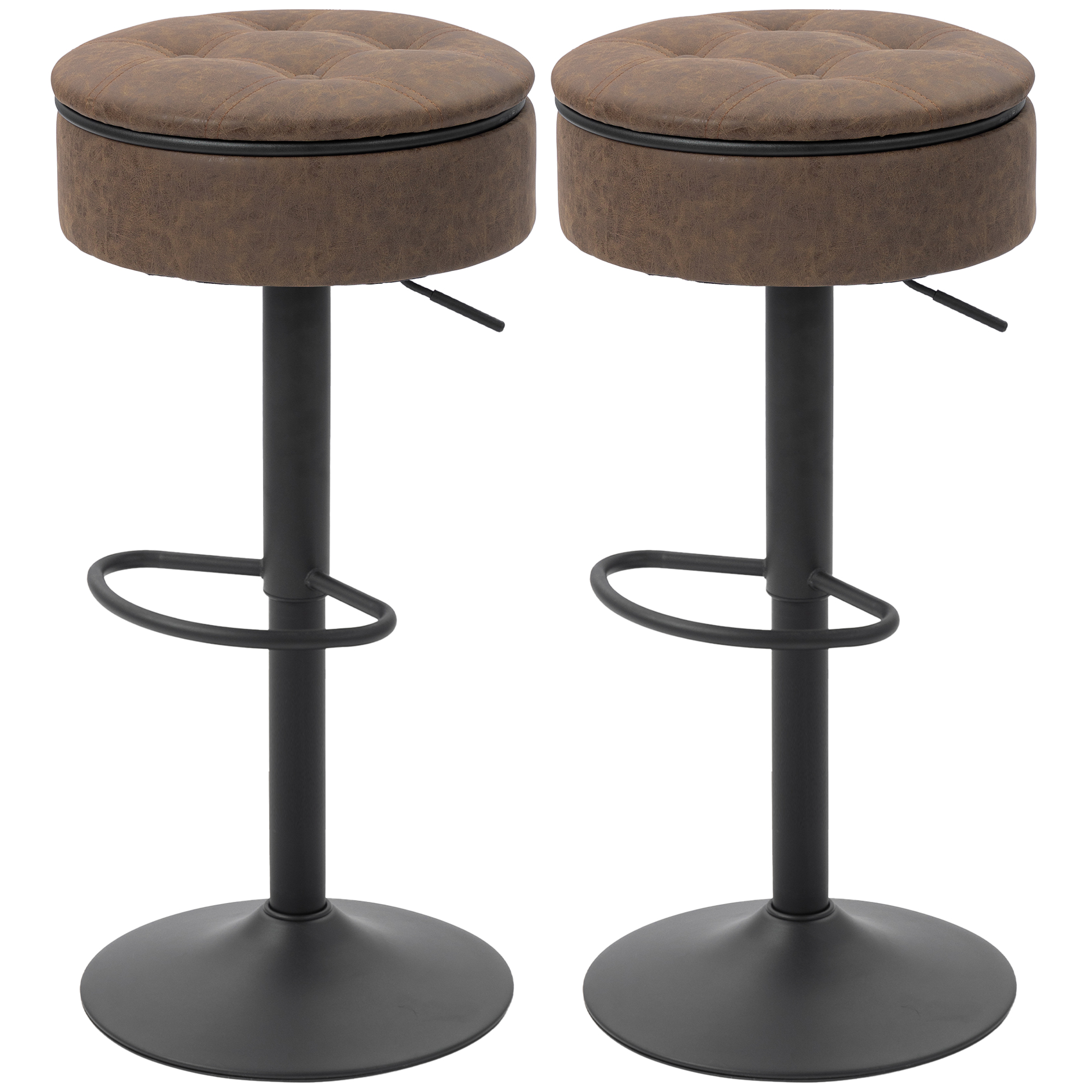 CoSoTower Set of 2 Barstools with Storage, Swivel Bar Stools with PU Leather Upholstered, Footrest, Steel Base, Brown