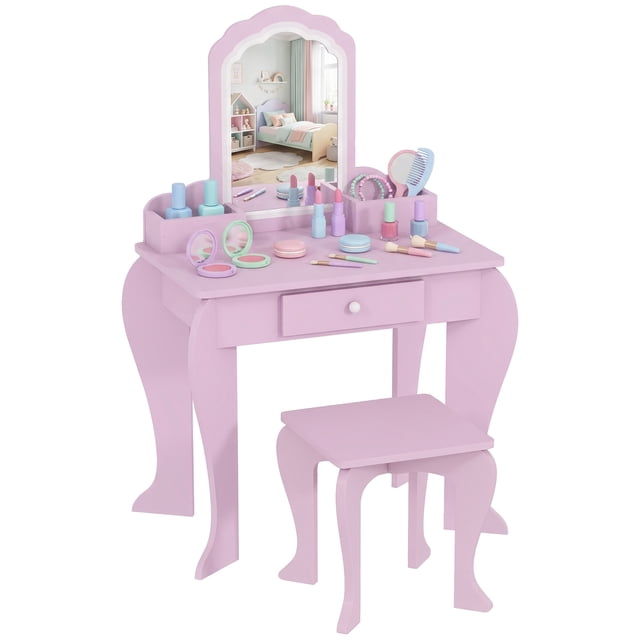 Qaba Coiffeuse pour Enfants avec Miroir et Tabouret, Design Nuage, Tiroir Rose