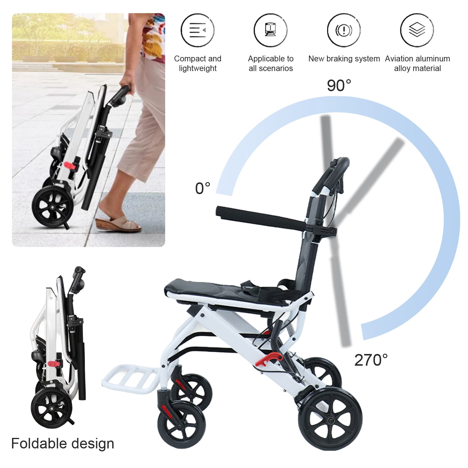 Healthy Design Frame Dianhelloya Folding Wheelchair Lightweight Portable Transit Travel ...
