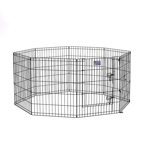 Midwest Homes For Pets Midwest Homes 30" Exercise Pen with Step Door, an octagonal black metal wire dog pen with eight 24-inch wide panels and a secure double latch step-through door, 30 inches tall, featuring durable e-coat finish, easy no-tool setup, ground stakes, and stabilizers included, suitable for attaching to a dog crate.