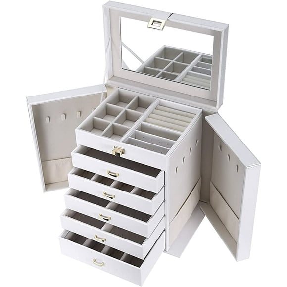 6 Layers Womens Jewellery Boxes Table Top Large Leather Chest Jewelry Organizer Case w/ Removeable Drawers