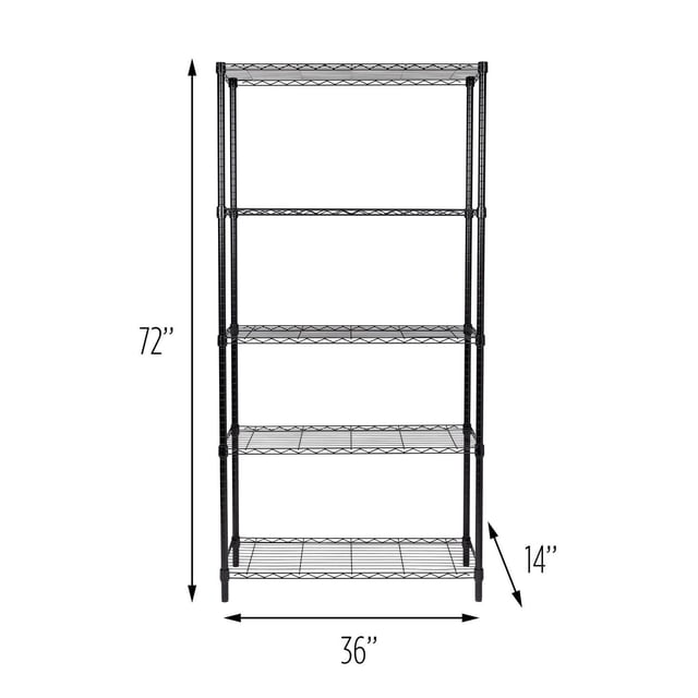 Honey Can Do 5-Tier Adjustable Storage Shelving Unit with black heavy duty steel frame and grid patterned shelves, adjustable to fit various items, measuring 72 by 36 by 14 inches, supporting 200 pounds per shelf, ideal for garage, workshop, or commercial storage.