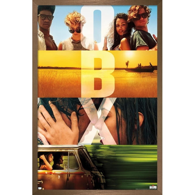 Netflix Outer Banks - OBX Wall Poster, 22.375" x 34" framed collage featuring four horizontal panels: the top with four young people under a blue sky; a golden sunset over marshes with a boat silhouette; a close-up of two people touching faces; and two people inside a vintage van driving past blurred greenery. Large white letters 'O', 'B', and 'X' overlay the images, ideal for wall art in bedrooms or dorms.