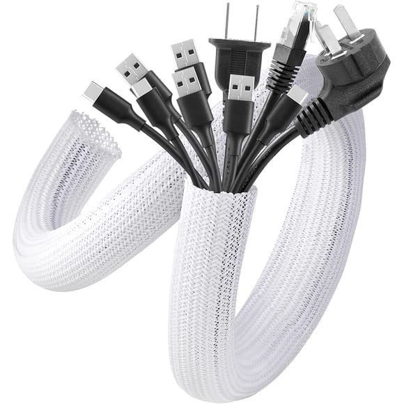 Cable Sleeve, 10ft - 1.5 inch Cable Management Desk Cord Cover Organizer Wire Hider for Home Office Computer TV Wire Loom Tubing Pet Proof Cord Protector from Cat Dog Chewing, White