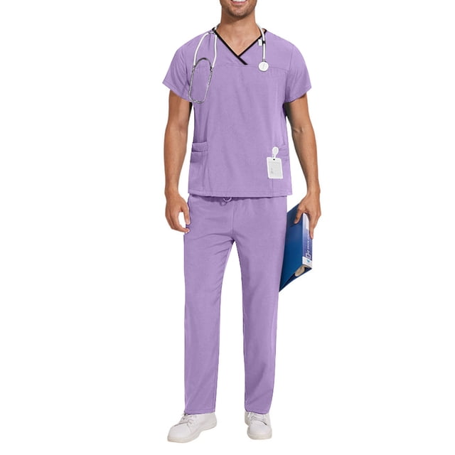 TIMIFIS Men and Women Scrub Set Stretch V-Neck Scrub Top and Drawstring Waist Joggers Pants Solid Color Comfort Fits Medicals Uniform with Pockets - Spring/Summer
