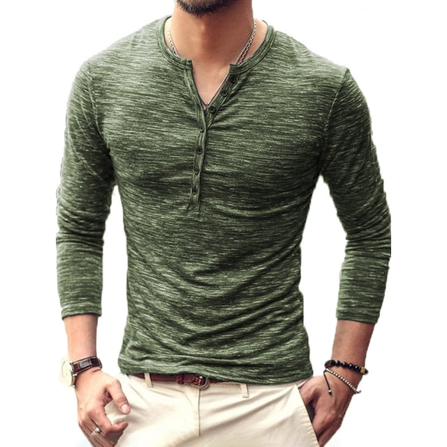 Haut pour Homme à Col Rond, Blouse à Boutons, T-Shirt à Manches pour Homme, Décontracté, Manches Longues, Coupe Ajustée, T-Shirt, Vert, G