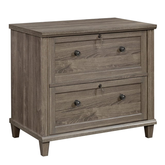 Sauder Hammond Classeur Latéral avec Deux Tiroirs à Extension Complète pour Dossiers Suspendus de Style Lettre Ou Légal, Fini Grain de Bois, Boutons Ronds Noirs avec Verrous à Clé, surface Supérieure durable de 1 Po d'Épaisseur, et Mécanisme de Sécurité Anti-Basculement, Supporté par des Pattes Effilées.