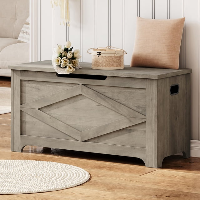 EDTara Coffre de Rangement, Banc de Rangement pour Jouets en Bois, Coffre à Jouets Moderne à Dessus Relevable avec Charnière de Sécurité pour Entrée, Chambre, Salon, Supporte 300 Lb et Assemblage Facile