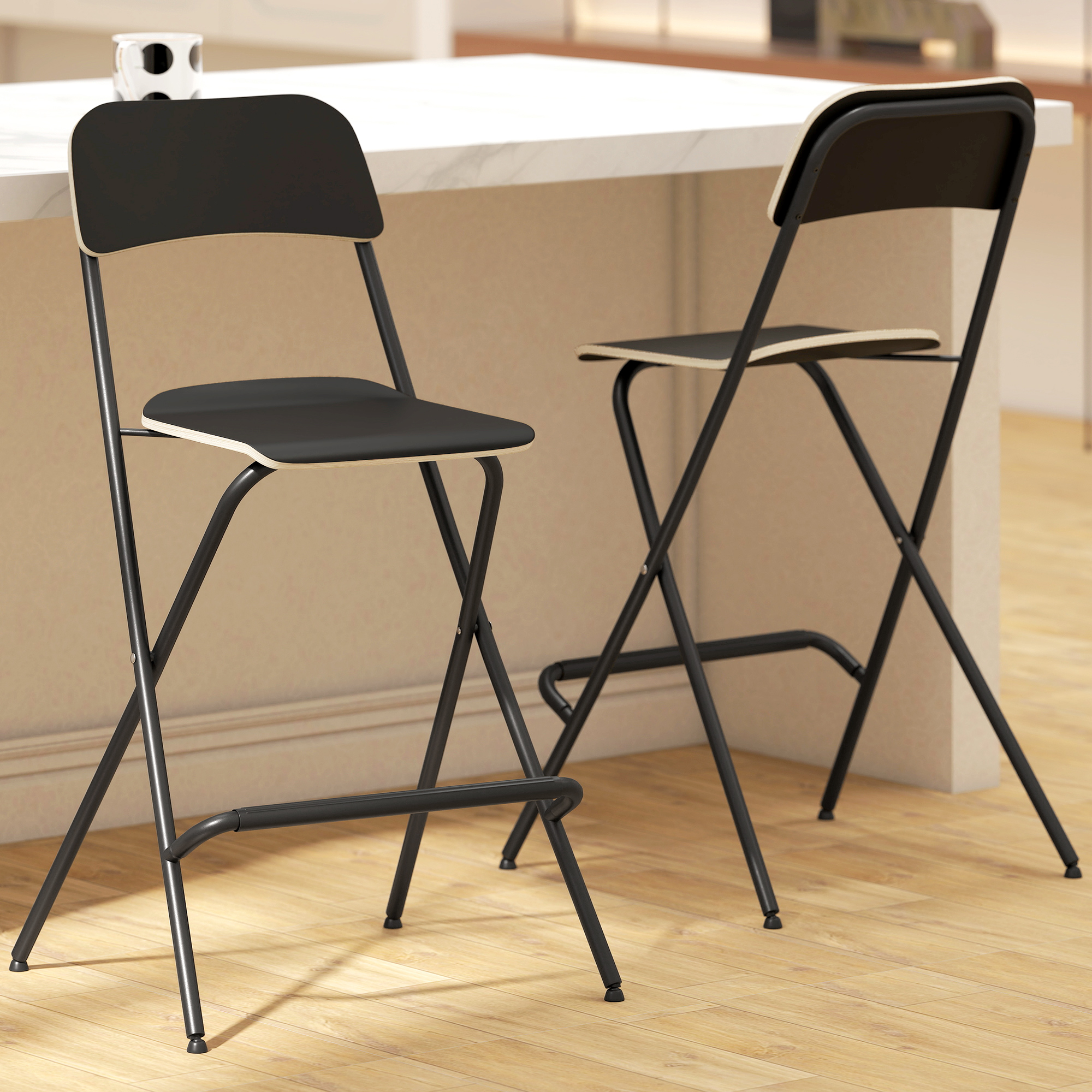 HOMCOM Folding Bar Stools Set of 2, Foldable Stool with Footrest, Black