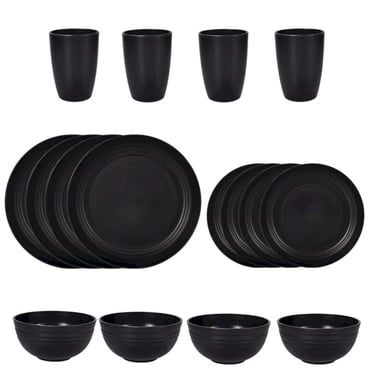 CNKOO 16 Pack Wheat Straw Dinnerware Sets Dishwasher Microwave Safe Dishes Set  Unbreakable Lightweight Plastic Cup Plates and Bowls Sets Reusable Tableware Set for Kids Camping Party Kit