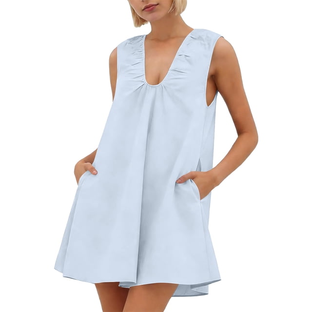 Mceream Robes pour Femmes Grande Taille avec Poches Décontractées Ligne A Fluides Robes Débardeur Été Sans Manches Col en V Ourlet à Volants Fête Froncée Robe Courte Bleu Clair m