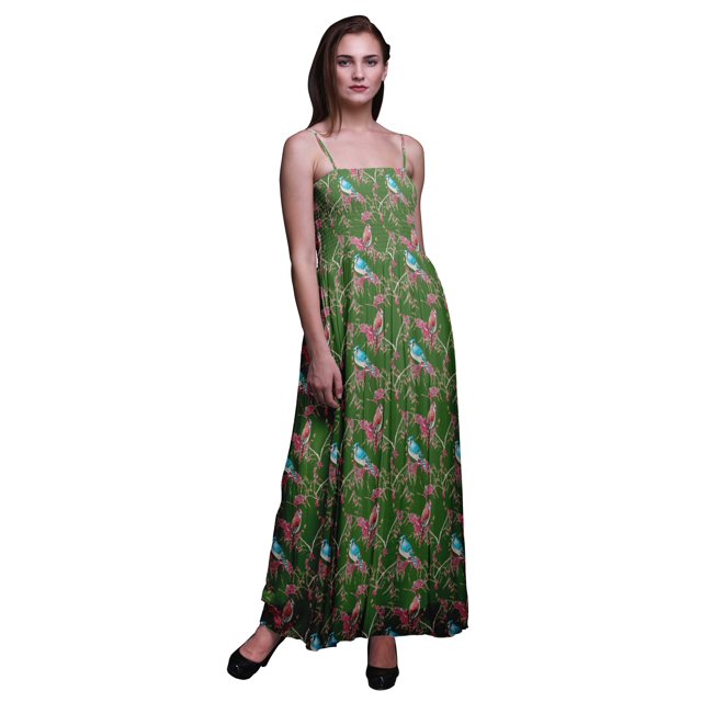 Bimba Robe Soleil de Plage pour Femmes à Corsage Smocké avec Imprimé de Baies Rouges et d'Oiseaux Bulbules - Moyen