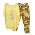 thumbnail image 1 of Mikilon Ensemble de Détente Confortable pour Femmes, Tenue d'Intérieur 2 Pcs, Ensemble de Détente Imprimé, Haut à Manches Mi-Longues à Col Rond + Pantalon, Jaune-D S, 1 of 6