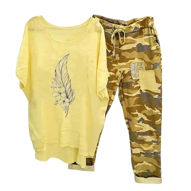 Mikilon Ensemble de Détente Confortable pour Femmes, Tenue d'Intérieur 2 Pcs, Ensemble de Détente Imprimé, Haut à Manches Mi-Longues à Col Rond + Pantalon, Jaune-D S
