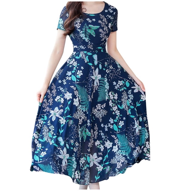 Pisexur Robe Maxi d'Été pour Femmes, Vacances à la Plage, Décontractée, Portefeuille, Col en U, Manches Courtes, Fluide, Robe Florale, Taille Haute, Longue Robe Maxi de Plage