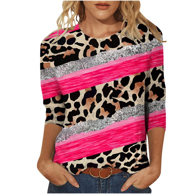 CEHVOM T-shirt Ample à Imprimé Léopard pour Femme, Manches 3/4, Col Rond, Haut Décontracté, Liquidation