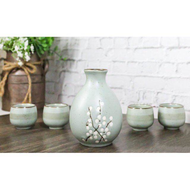 Blue Plum Japanese Sakura Cherry Blossoms Porcelain Sake Flask With Cups Set
