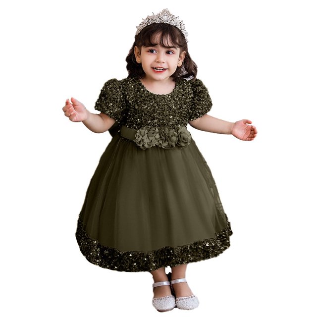 Robe Mi-Mollet à Manches Courtes et Col Rond, Tenue Formelle pour Enfants Incluant de Longues Robes Florales, Robes de Princesse, Robes à Fleurs pour Enfants, Robes de Mariage, Etc.