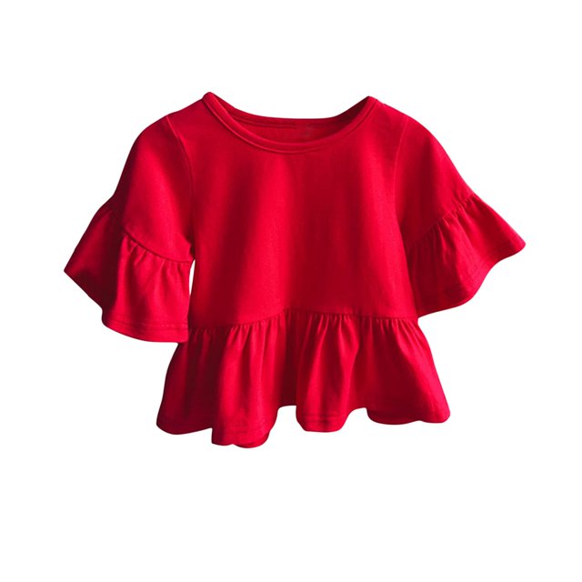 MeetoTime Kids T-shirt Casual Solid Color Ruffle Sleeve Round Neck Blouses for Baby Girls 2-8 Years