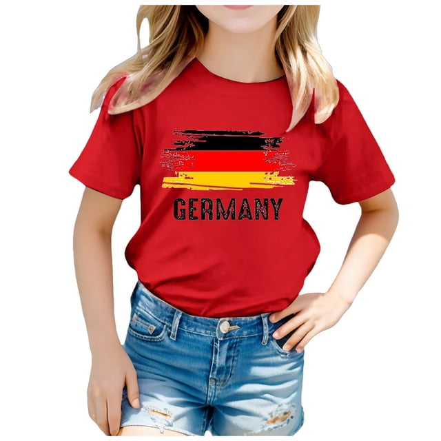 LUOGENLI T-Shirt pour Filles Enfants Drapeau de l'Allemagne Imprimé Manches Courtes Col Rond T-Shirt Floral Tendance Mode Chandail de Base Hauts Maxi Ensemble Volants Rouge 3-4 Ans