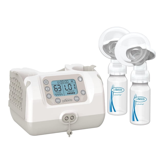 Dr. Brown's Custom Flow Double Electric Quiet Breast Pump with digital display and control buttons, connected to two clear 4 oz Dr. Brown's Options+ narrow bottles with soft 100% silicone SoftShape shields for gentle, customizable milk expression.