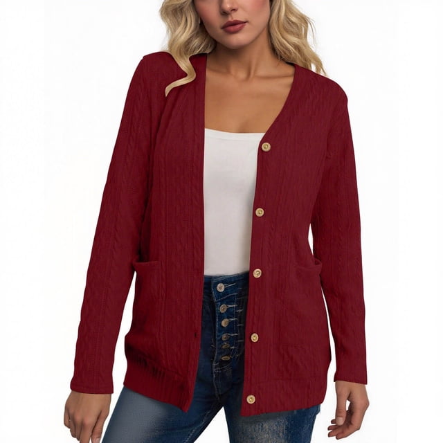 HAiming Womens Knit Cardigan Long Sleeve Button down V Neck Solid Color Lightweight Sweaters with Pockets