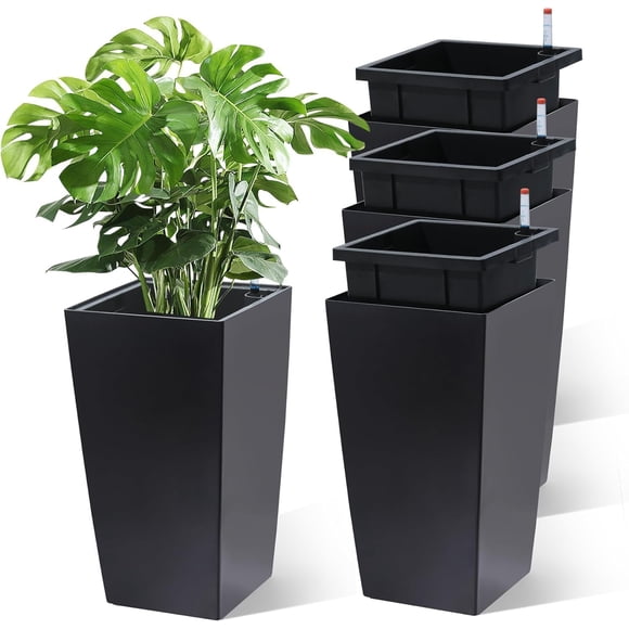 YUSAZENS 4 Pack Black PP Self Watering Plant Pots Equipped with Water Level Indicator for Balcony Patio Indoor Outdoor Garden Plants