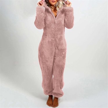 zanvin Women's Winter Warm Romper Fuzzy Fleece Onesie Pajama One Piece Zipper Hooded Jumpsuit Sleepwear Playsuit,Pink,XL