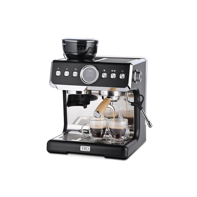 TRU Espresso Machine à Espresso avec Meuleuse, Dotée d'Une Machine à Espresso Noire et en Acier Inoxydable avec Meuleuse Oscillante sur le Dessus, Porte-Filtre à Poignée en Bois Infusant Deux Coups en Tasses en Verre Transparent, Panneau de Commande avec Boutons et Cadran central, Buse Vapeur sur le Côté Droit, et Fonctions de Sécurité Intégrées Incluant Coupure Thermique et Interrupteur de Basculement.