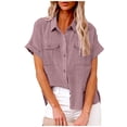 thumbnail image 1 of fheaev Button Up Shirts For Women Roll Up Short Sleeve Button Down Cotton Linen T-Shirts With Pocket V-Neck Work Tunics Blouse Collared Tops, 1 of 9