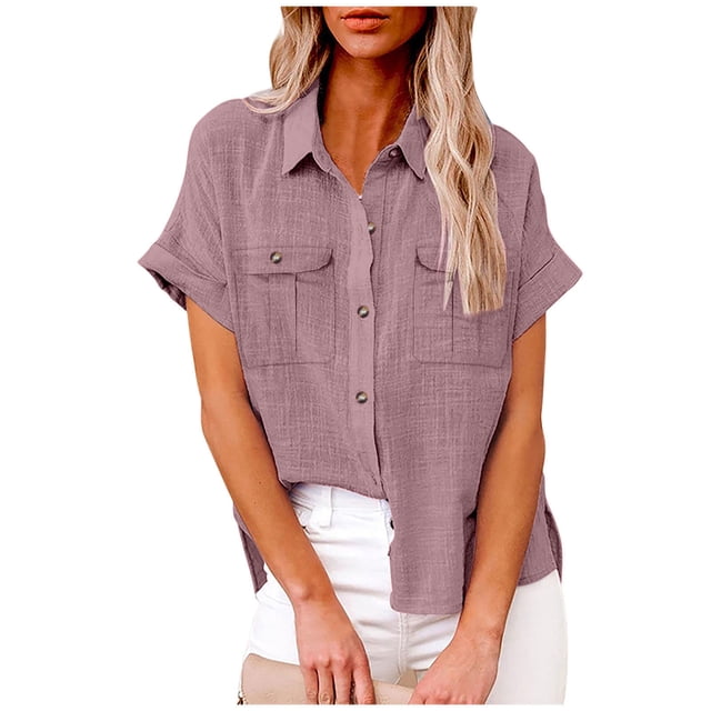 fheaev Button Up Shirts For Women Roll Up Short Sleeve Button Down Cotton Linen T-Shirts With Pocket V-Neck Work Tunics Blouse Collared Tops