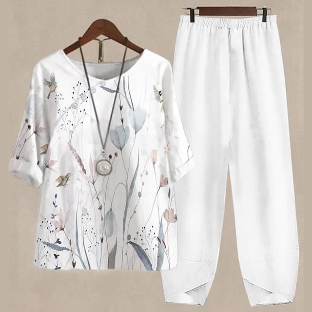 Ensembles Détente pour Femmes 2 Pcs Tenues Décontractées pour Femmes Col Rond Manches 5/4 Haut et Pantalon Impression Numérique Ensemble Deux Pièces Ensembles Grande Taille en Liquidation