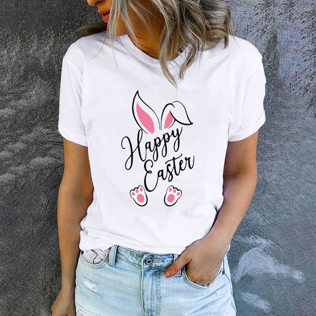 EGNMCR Chemise de Pâques pour Femmes Imprimé de Pâques T-shirt Col Rond Mode et Confortable Haut Manches Courtes Col Rond T-Shirts pour Femmes