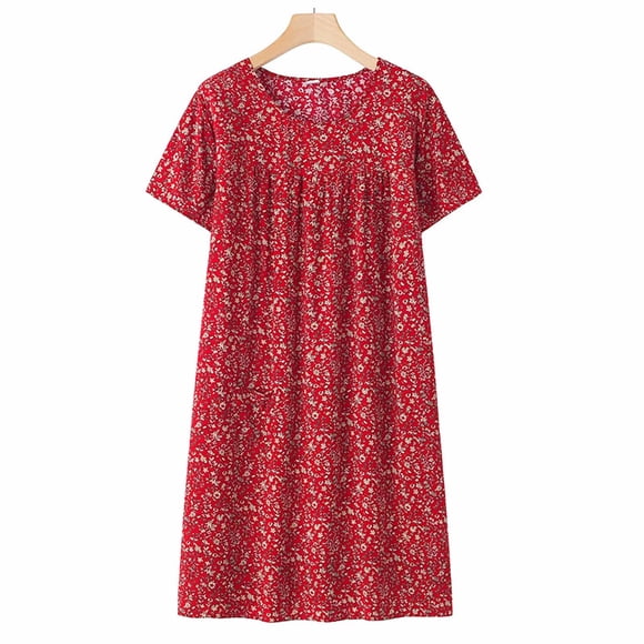 Middle Aged & Elderly Women's Cotton Sleep Dress Summer Short Sleeve Loose Fit Nightgown, Soft Breathable Plus Size Homewear Dress by Hontri