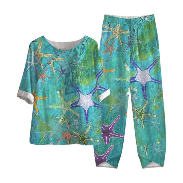 Mikilon Ensemble Élégant pour Femmes 2 Pcs Coton Lin Imprimé Manches Cinq-Quarts Col Rond + Pantalon Décontracté Jaune-A S