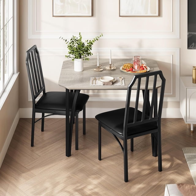 3-Piece Dining Table for 2 with Ultra Comfortable PU Cushion, Small Table and Chairs Set for Kitchen and Apartment